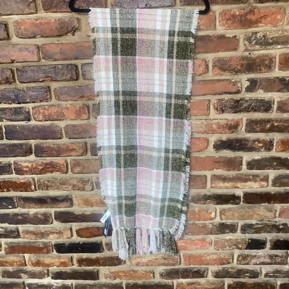 NWT Charter Club Green Pink Beige Tan Fringed Rectangle Scarf Women's